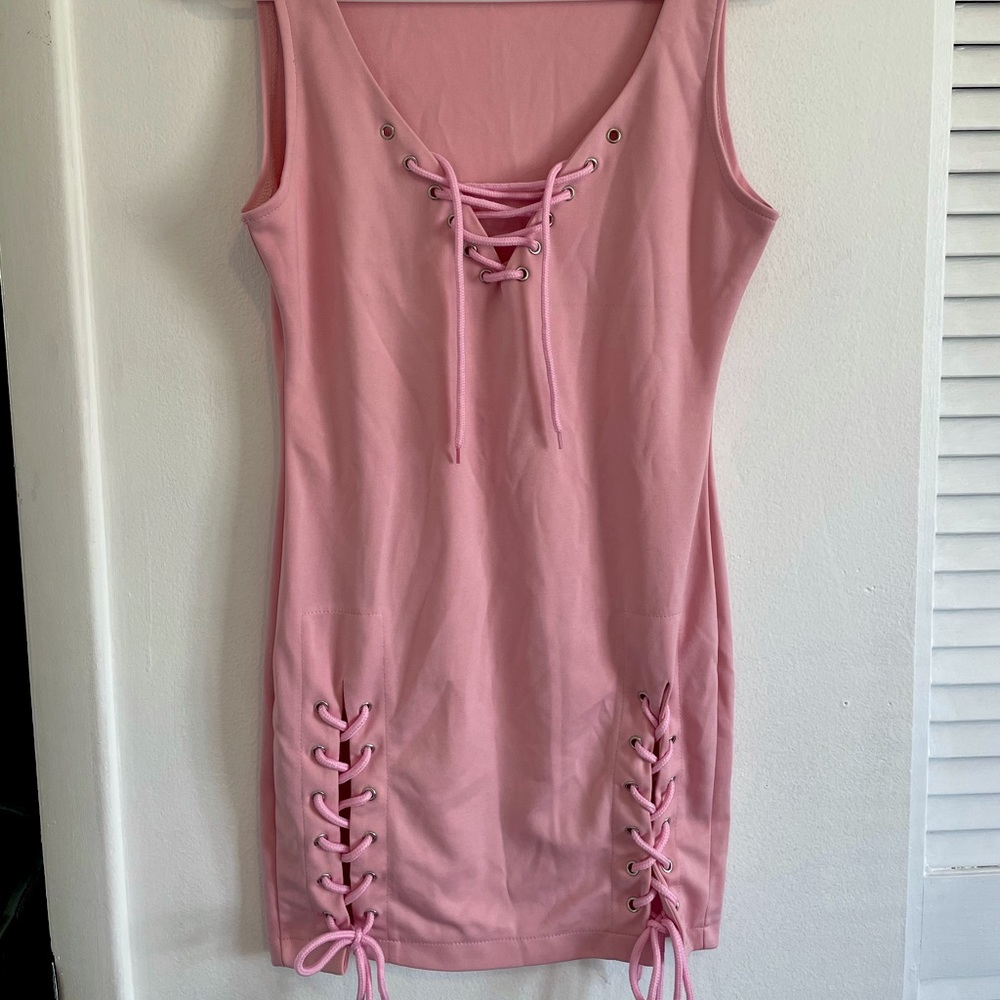 Pink Stretchy Bodycon Dress with Tie-up Detailing